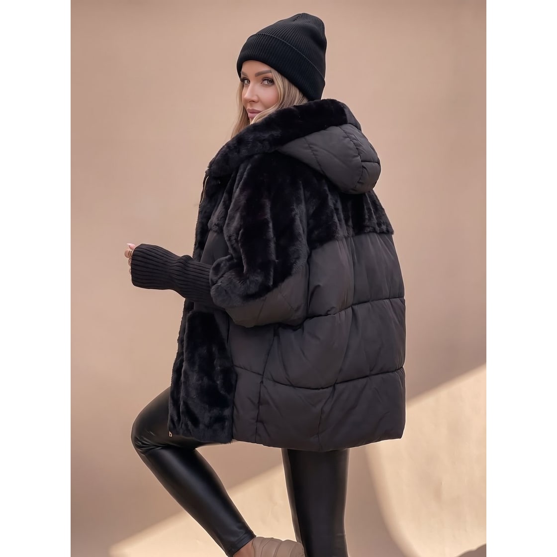 Women's Winter Coat with Quilted Puffer and Faux Fur Hood Oversized Hybrid Design - Image 3