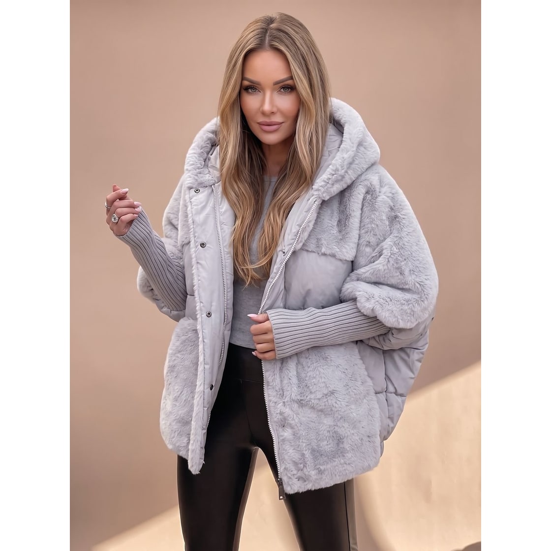 Women's Winter Coat with Quilted Puffer and Faux Fur Hood Oversized Hybrid Design - Image 4