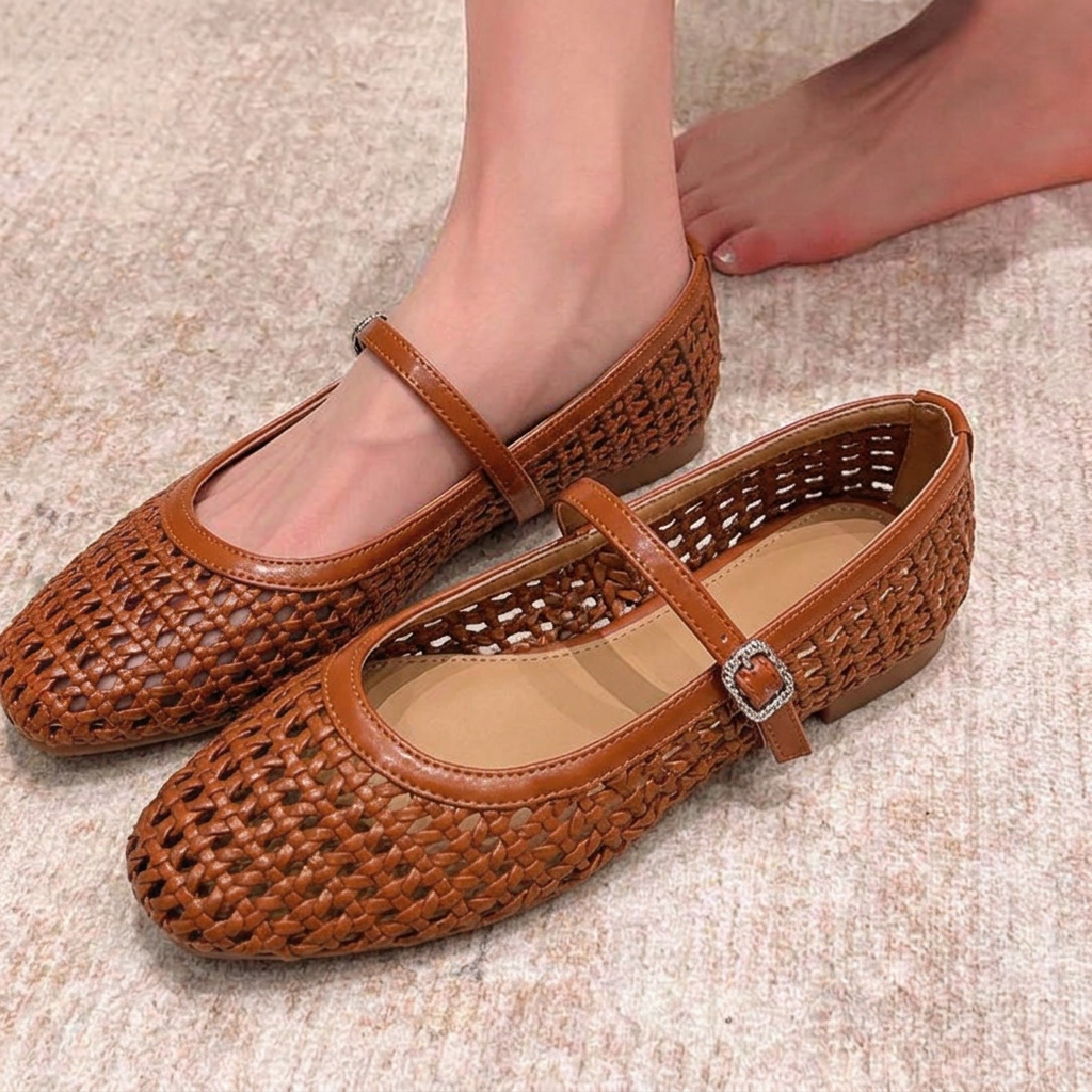 Women's Woven Mary Jane Flats Shoes with Adjustable Buckle Strap Square Toe - Image 1