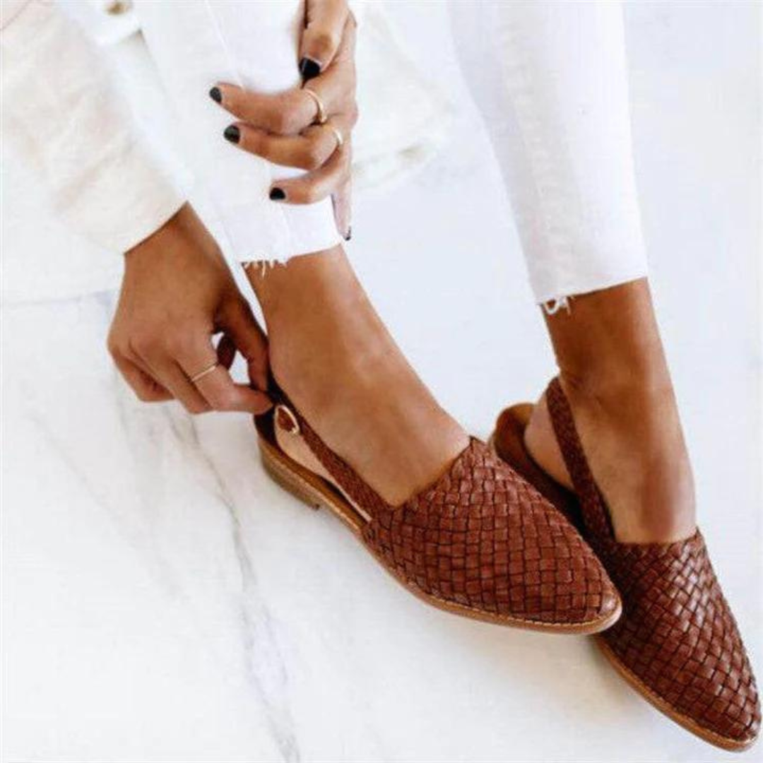 Women's Woven Pointed Toe Slingback Flats with Arch Support and Basketweave Detail - Image 1