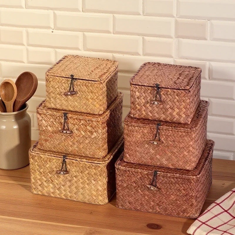 Women's Woven Storage Basket with Lid Seagrass Rectangular Lidded with Hinged Closure Large - Image 1