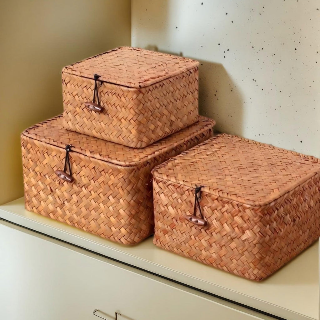 Women's Woven Storage Basket with Lid Seagrass Rectangular Lidded with Hinged Closure Large - Image 2