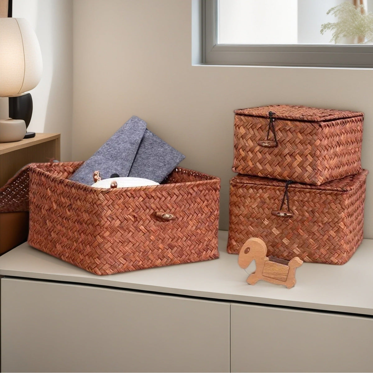 Women's Woven Storage Basket with Lid Seagrass Rectangular Lidded with Hinged Closure Large - Image 3