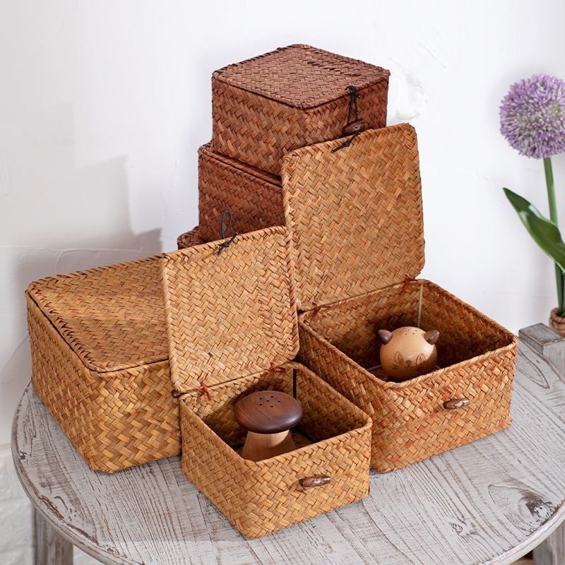 Women's Woven Storage Basket with Lid Seagrass Rectangular Lidded with Hinged Closure Large - Image 4