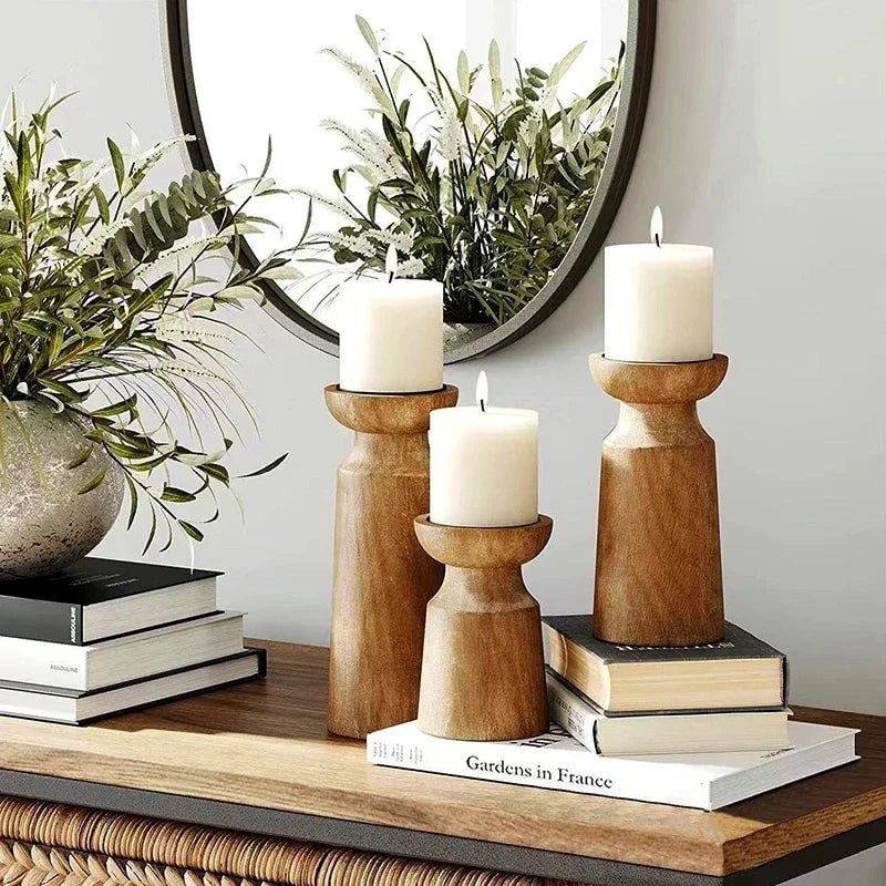 Wooden Candle Holders Set of 3 for Pillar in Rustic Farmhouse Style Taper - Image 1