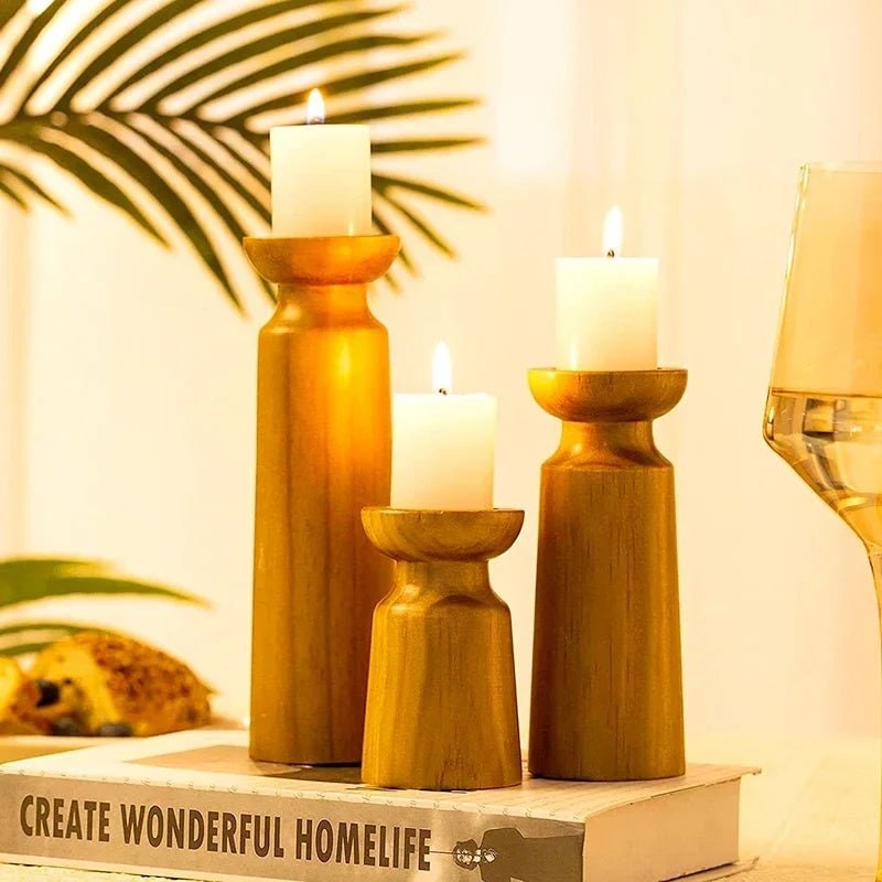 Wooden Candle Holders Set of 3 for Pillar in Rustic Farmhouse Style Taper - Image 4