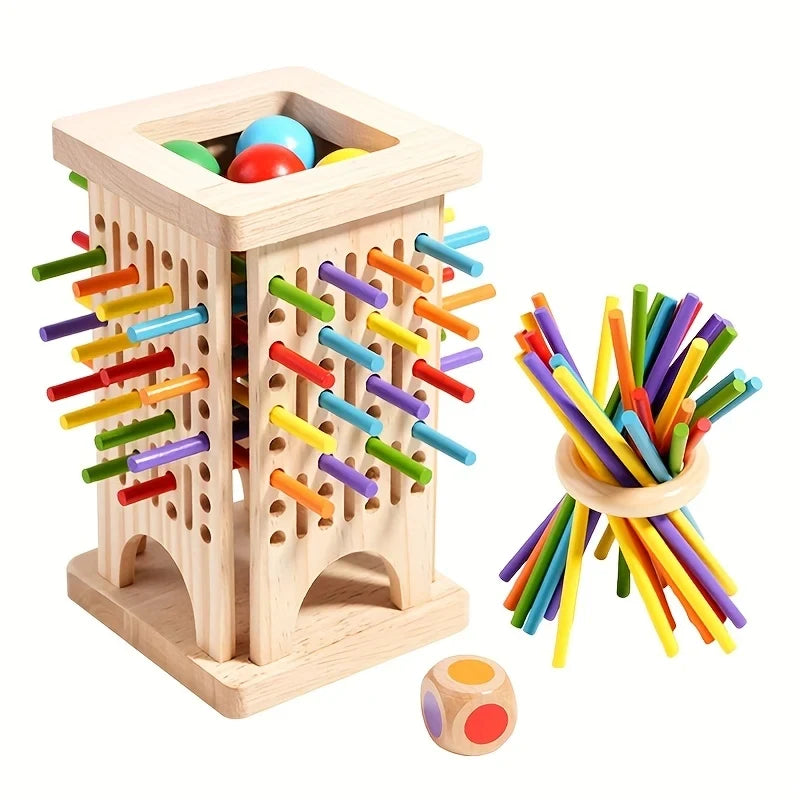 Wooden Tower Game with Colorful Sticks and Painted Balls - Image 2