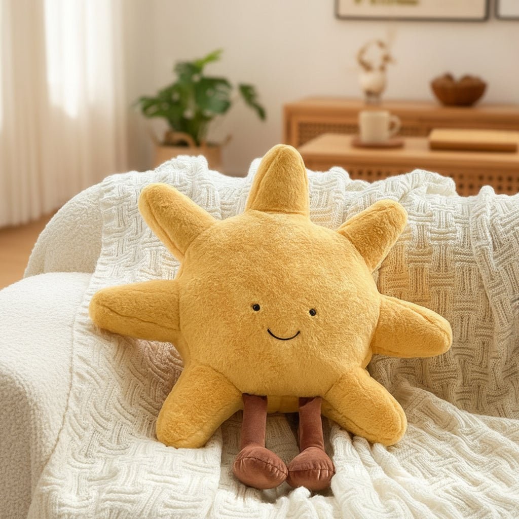 Yellow Plush Throw Pillow Decorative Celestial Embroidered Legs Soft Stuffed - Image 1